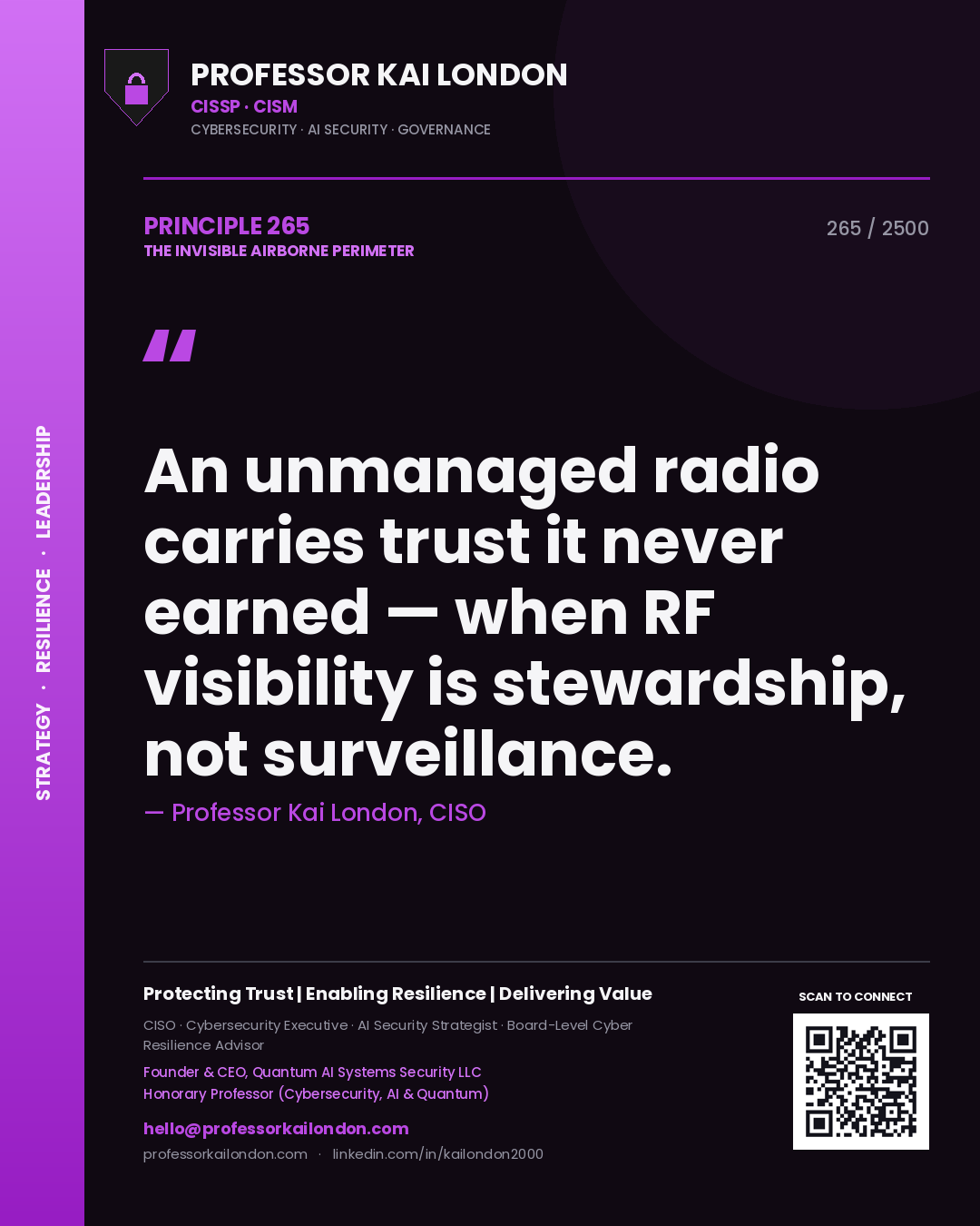 Quote card by Professor Kai London reading 'An unmanaged radio carries trust it never earned — when RF visibility is stewardship, not surveillance.'. From the book The Invisible Airborne Perimeter.