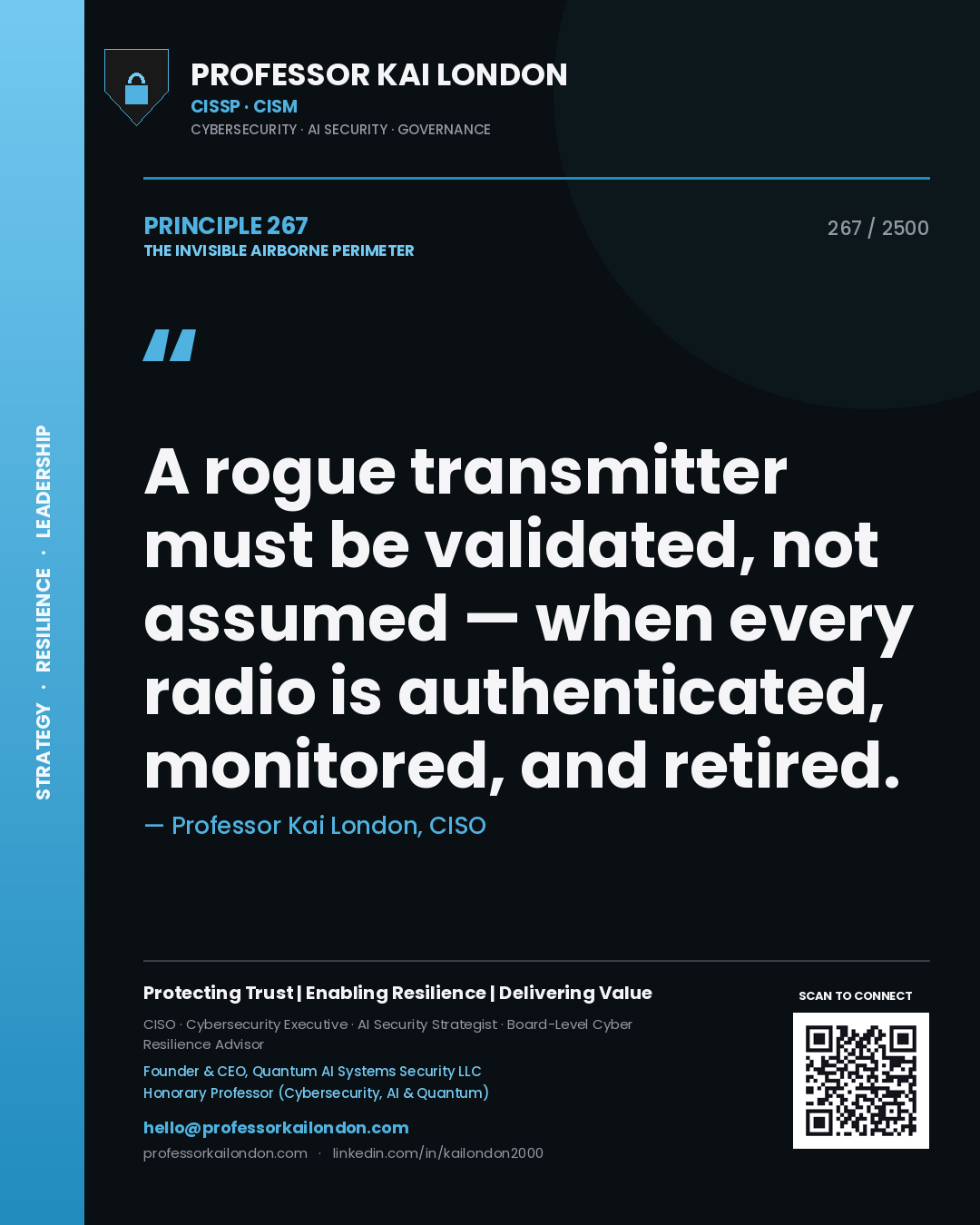 Quote card by Professor Kai London reading 'A rogue transmitter must be validated, not assumed — when every radio is authenticated, monitored, and retired.'. From the book The Invisible Airborne Perimeter.