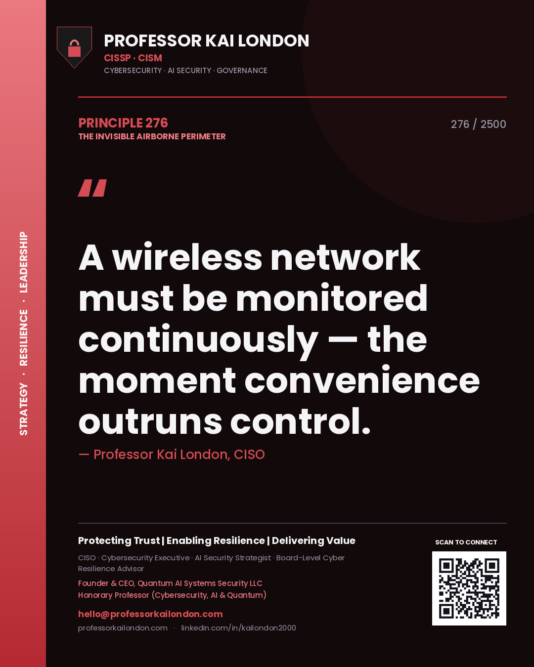 Quote card by Professor Kai London reading 'A wireless network must be monitored continuously — the moment convenience outruns control.'. From the book The Invisible Airborne Perimeter.