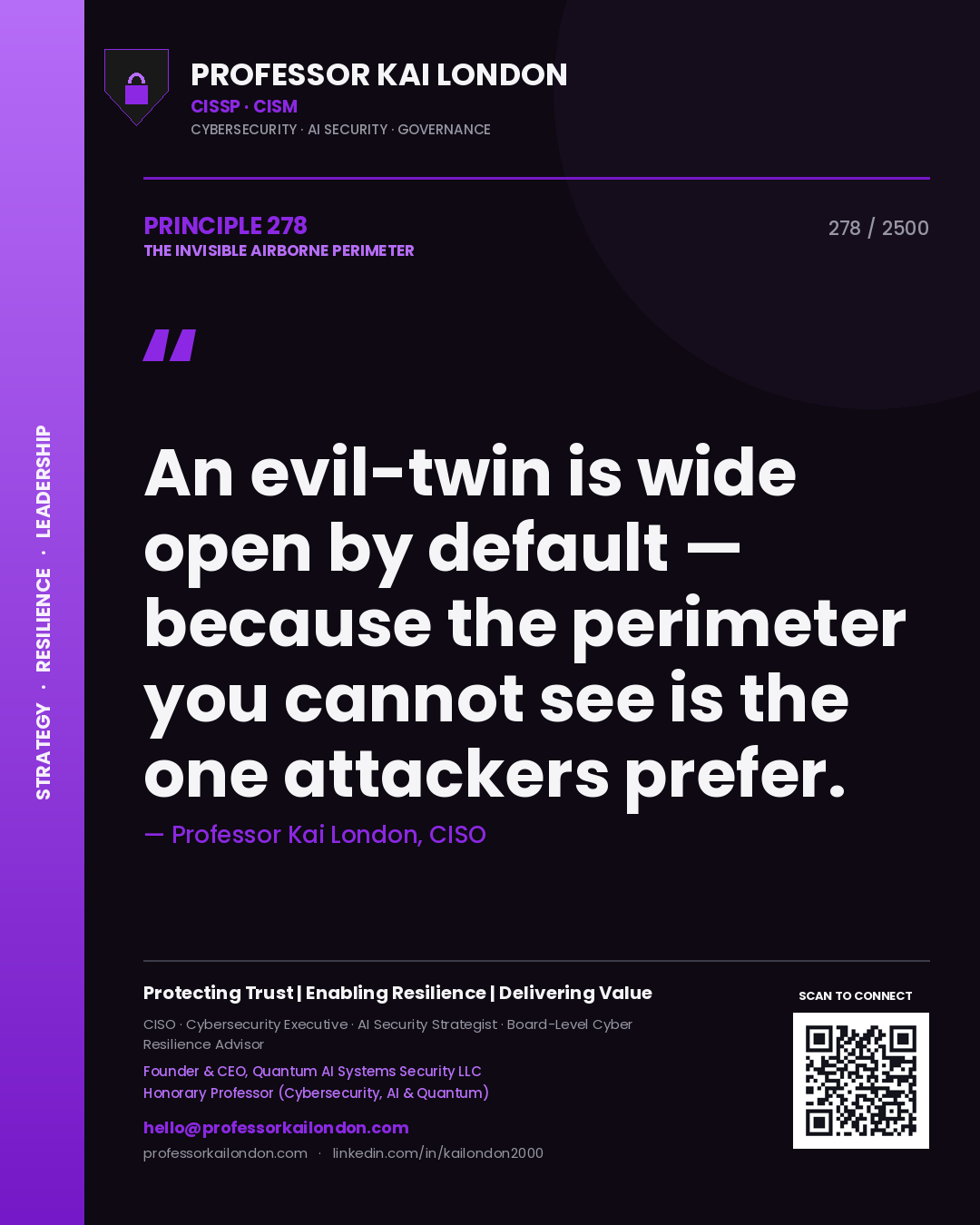 Quote card by Professor Kai London reading 'An evil-twin is wide open by default — because the perimeter you cannot see is the one attackers prefer.'. From the book The Invisible Airborne Perimeter.