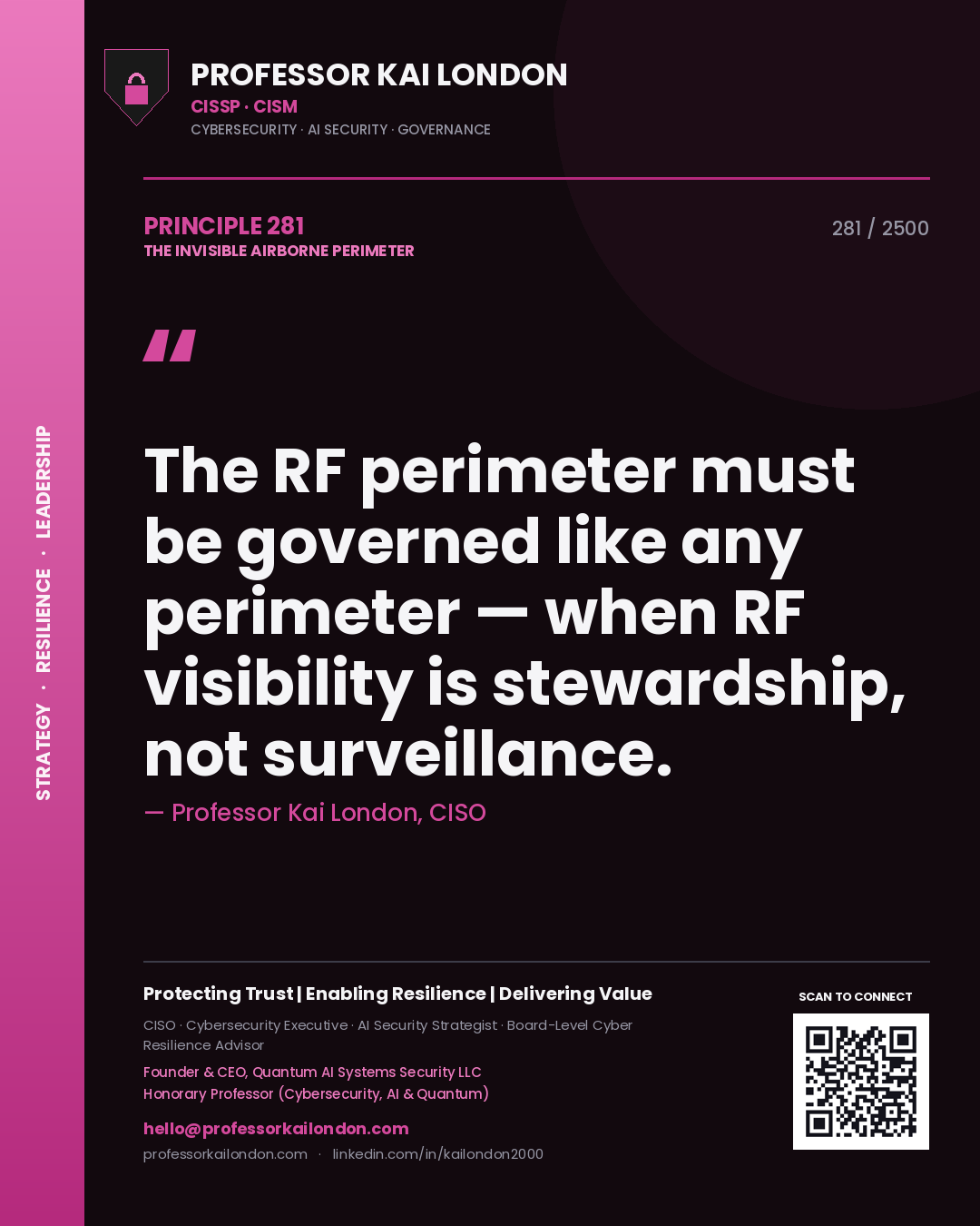 Quote card by Professor Kai London reading 'The RF perimeter must be governed like any perimeter — when RF visibility is stewardship, not surveillance.'. From the book The Invisible Airborne Perimeter.