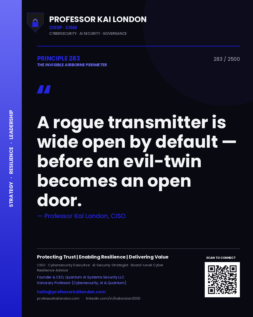 Quote card by Professor Kai London reading 'A rogue transmitter is wide open by default — before an evil-twin becomes an open door.'. From the book The Invisible Airborne Perimeter.