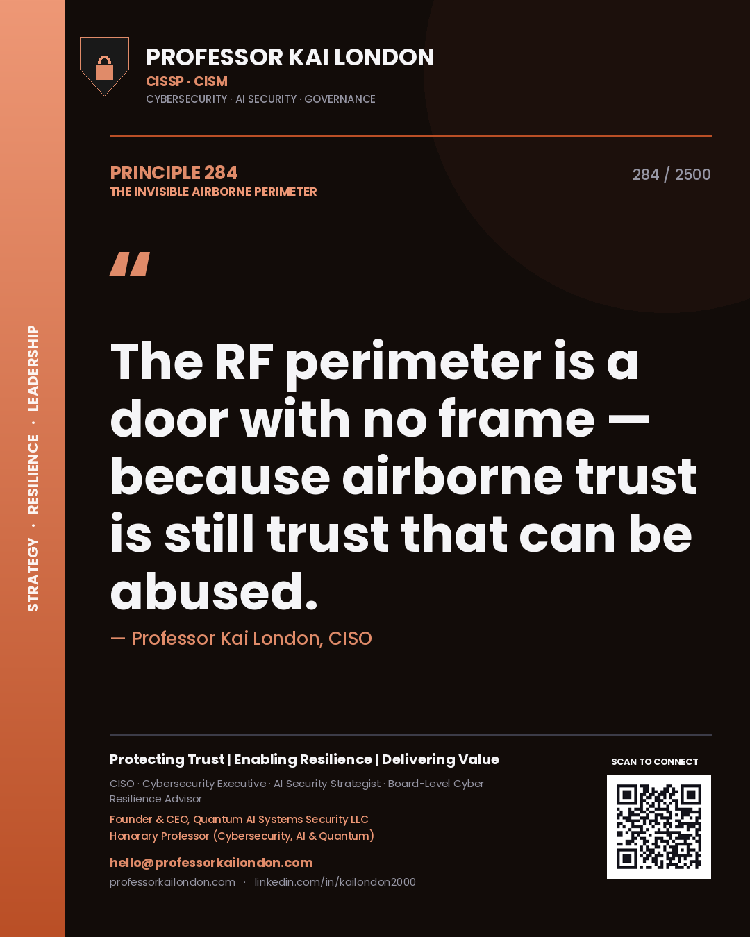 Quote card by Professor Kai London reading 'The RF perimeter is a door with no frame — because airborne trust is still trust that can be abused.'. From the book The Invisible Airborne Perimeter.