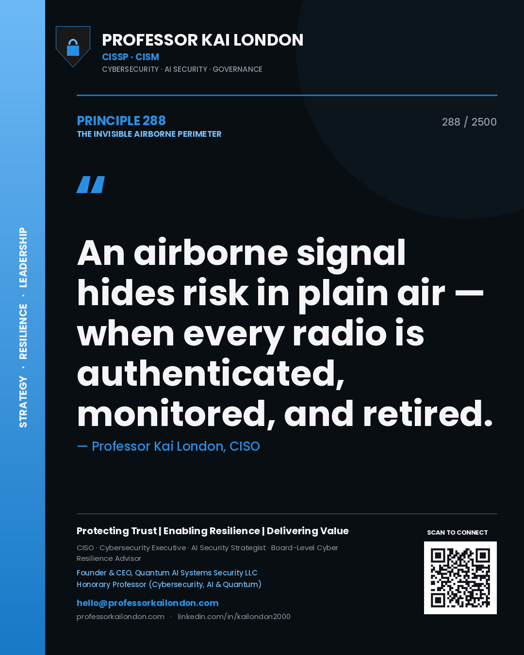 Quote card by Professor Kai London reading 'An airborne signal hides risk in plain air — when every radio is authenticated, monitored, and retired.'. From the book The Invisible Airborne Perimeter.