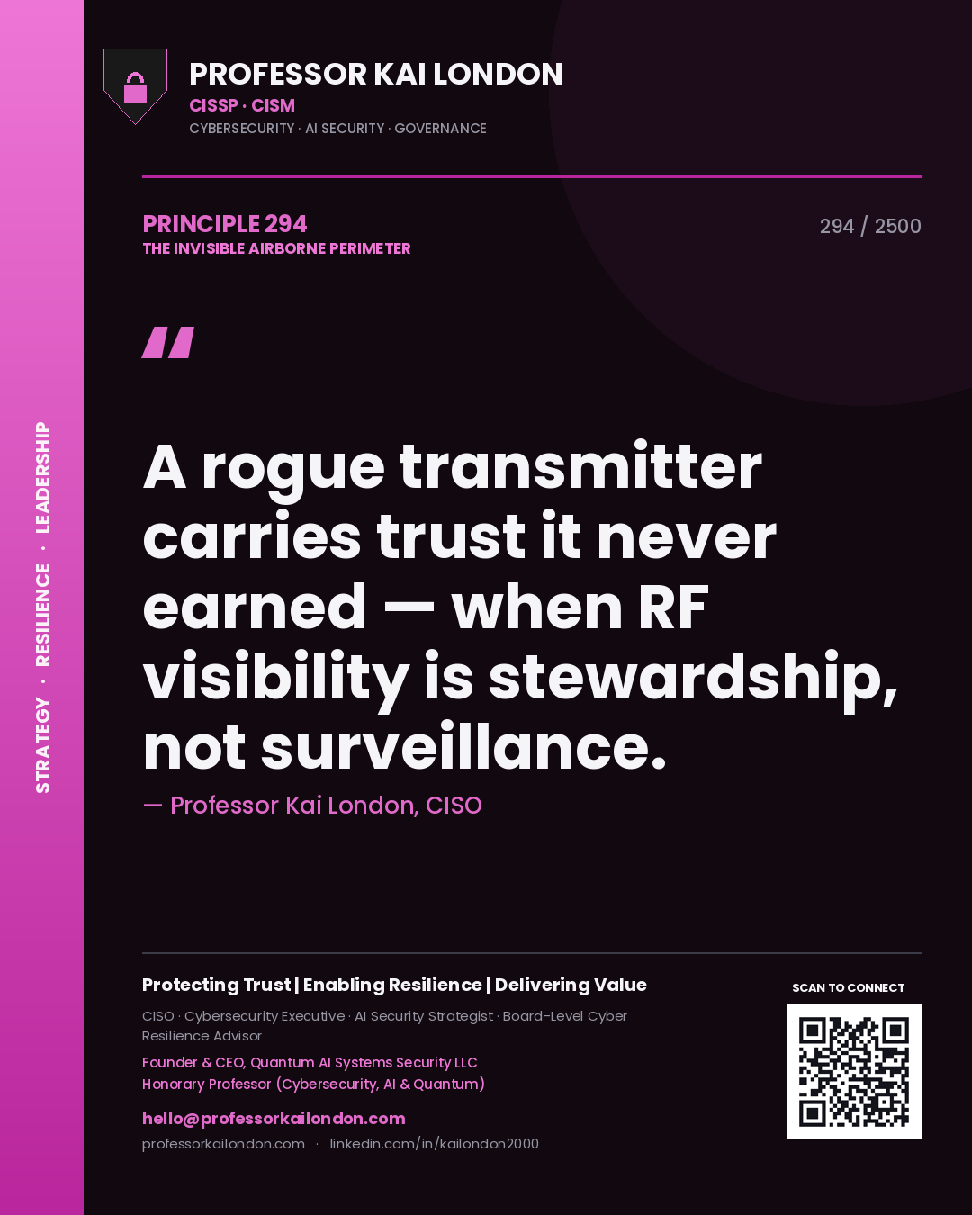 Quote card by Professor Kai London reading 'A rogue transmitter carries trust it never earned — when RF visibility is stewardship, not surveillance.'. From the book The Invisible Airborne Perimeter.