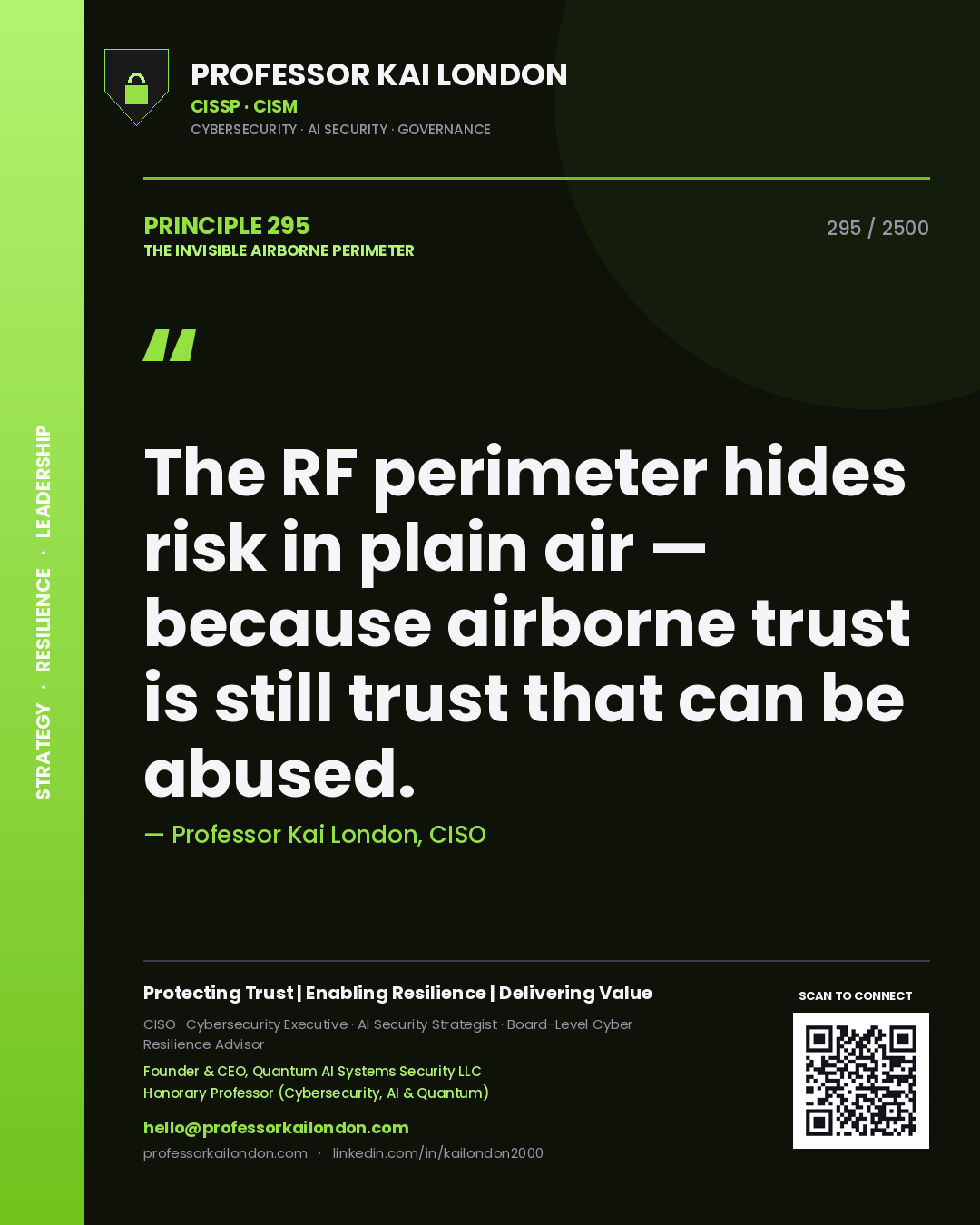 Quote card by Professor Kai London reading 'The RF perimeter hides risk in plain air — because airborne trust is still trust that can be abused.'. From the book The Invisible Airborne Perimeter.