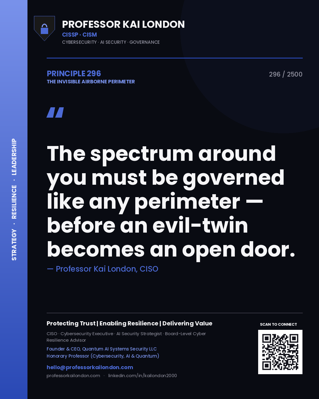 Quote card by Professor Kai London reading 'The spectrum around you must be governed like any perimeter — before an evil-twin becomes an open door.'. From the book The Invisible Airborne Perimeter.