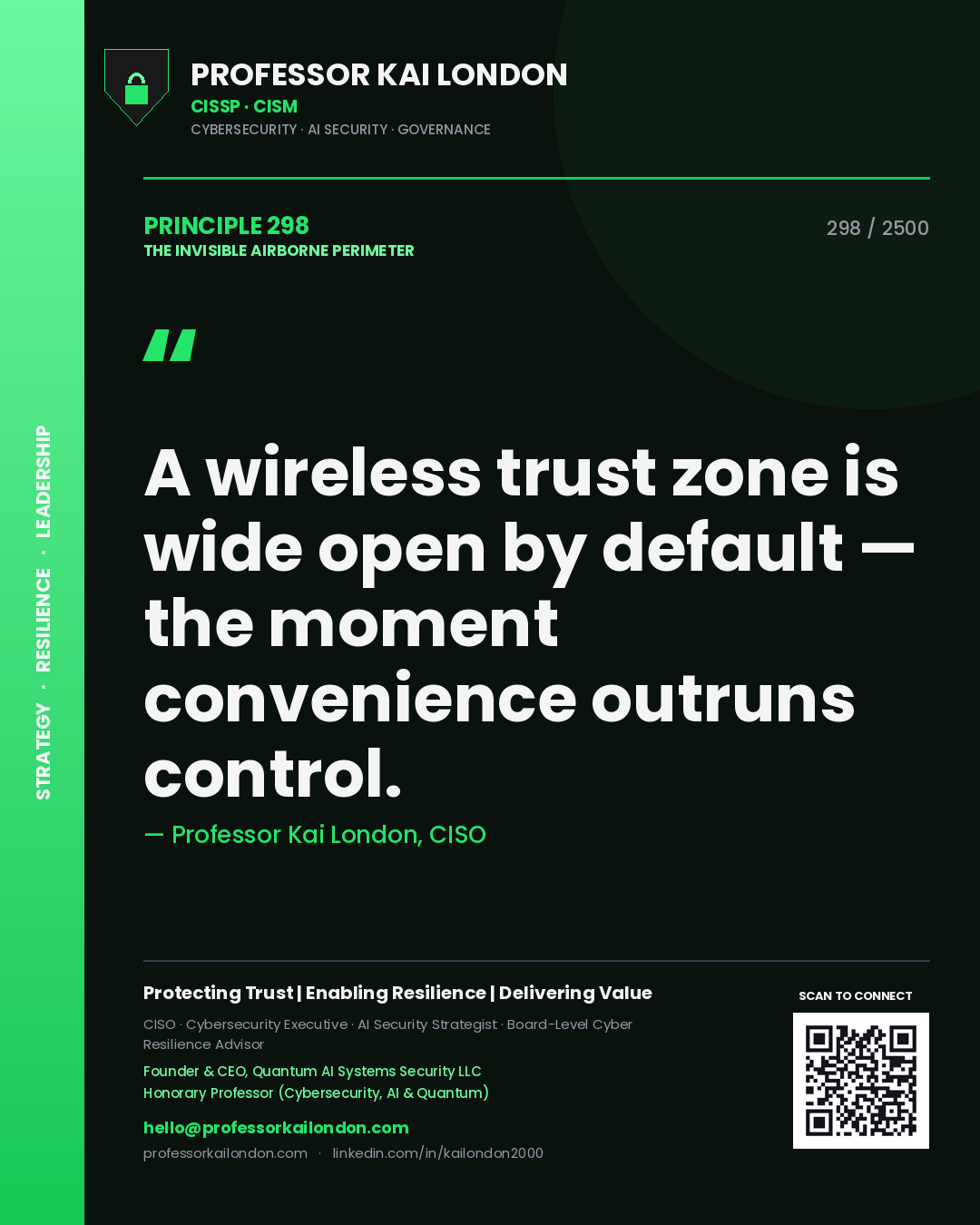 Quote card by Professor Kai London reading 'A wireless trust zone is wide open by default — the moment convenience outruns control.'. From the book The Invisible Airborne Perimeter.
