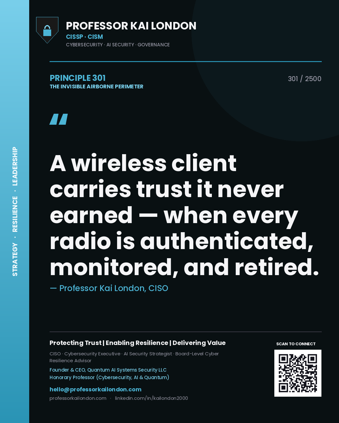 Quote card by Professor Kai London reading 'A wireless client carries trust it never earned — when every radio is authenticated, monitored, and retired.'. From the book The Invisible Airborne Perimeter.