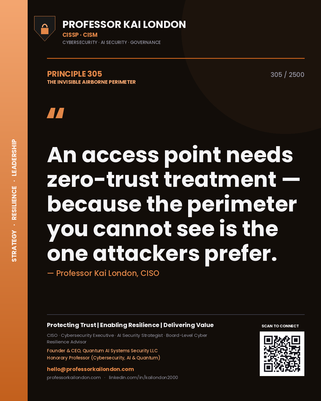 Quote card by Professor Kai London reading 'An access point needs zero-trust treatment — because the perimeter you cannot see is the one attackers prefer.'. From the book The Invisible Airborne Perimeter.