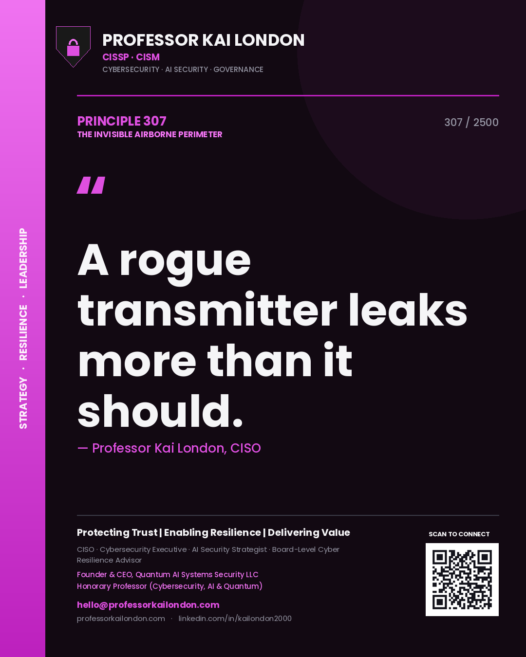 Quote card by Professor Kai London reading 'A rogue transmitter leaks more than it should.'. From the book The Invisible Airborne Perimeter.
