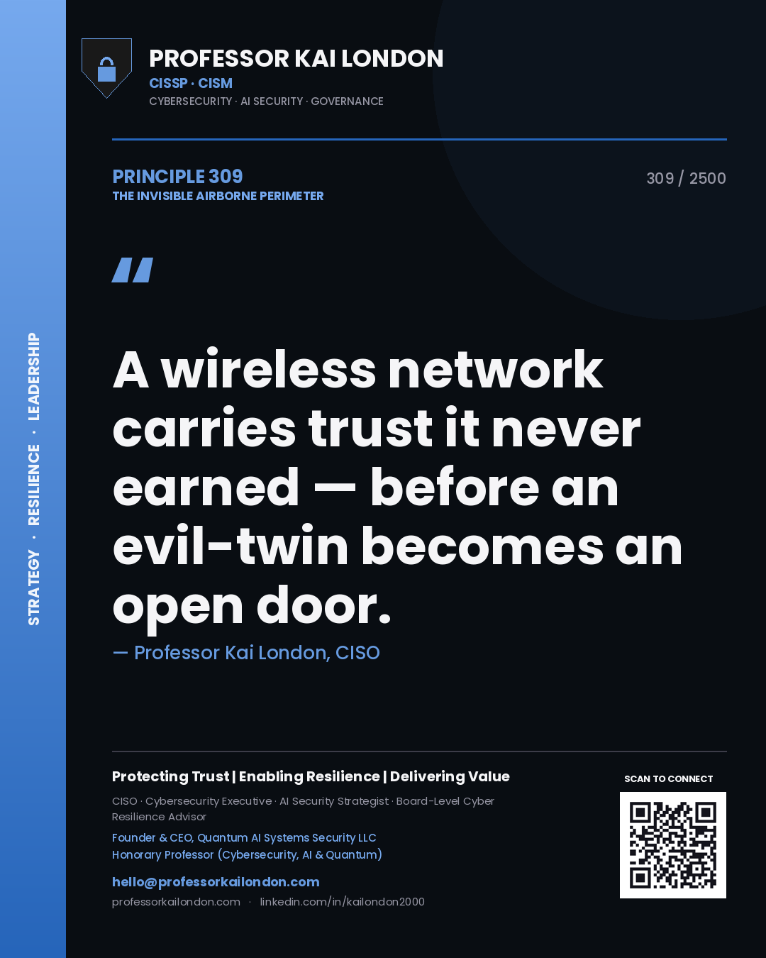 Quote card by Professor Kai London reading 'A wireless network carries trust it never earned — before an evil-twin becomes an open door.'. From the book The Invisible Airborne Perimeter.