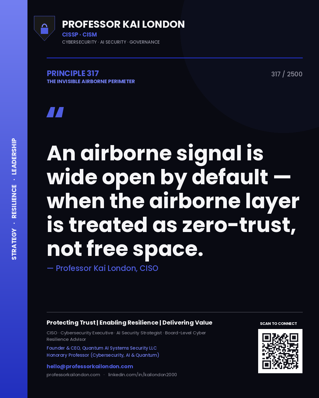 Quote card by Professor Kai London reading 'An airborne signal is wide open by default — when the airborne layer is treated as zero-trust, not free space.'. From the book The Invisible Airborne Perimeter.