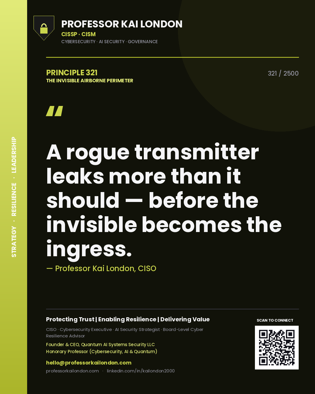 Quote card by Professor Kai London reading 'A rogue transmitter leaks more than it should — before the invisible becomes the ingress.'. From the book The Invisible Airborne Perimeter.