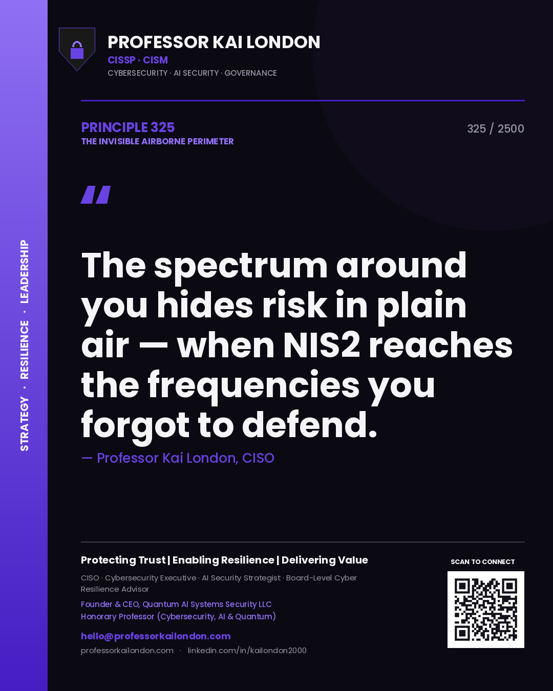 Quote card by Professor Kai London reading 'The spectrum around you hides risk in plain air — when NIS2 reaches the frequencies you forgot to defend.'. From the book The Invisible Airborne Perimeter.