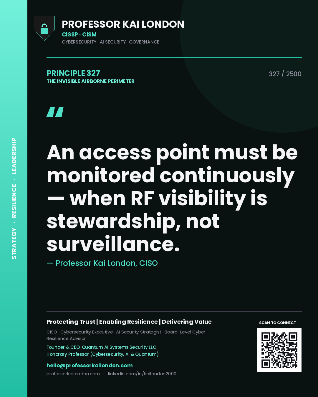Quote card by Professor Kai London reading 'An access point must be monitored continuously — when RF visibility is stewardship, not surveillance.'. From the book The Invisible Airborne Perimeter.