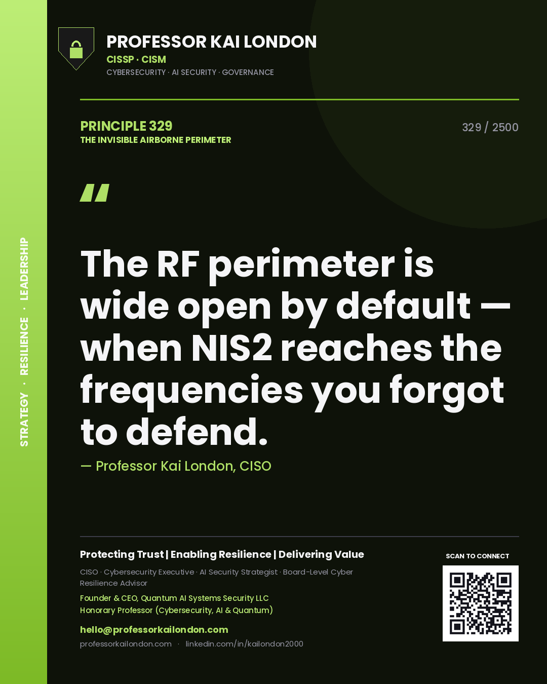 Quote card by Professor Kai London reading 'The RF perimeter is wide open by default — when NIS2 reaches the frequencies you forgot to defend.'. From the book The Invisible Airborne Perimeter.