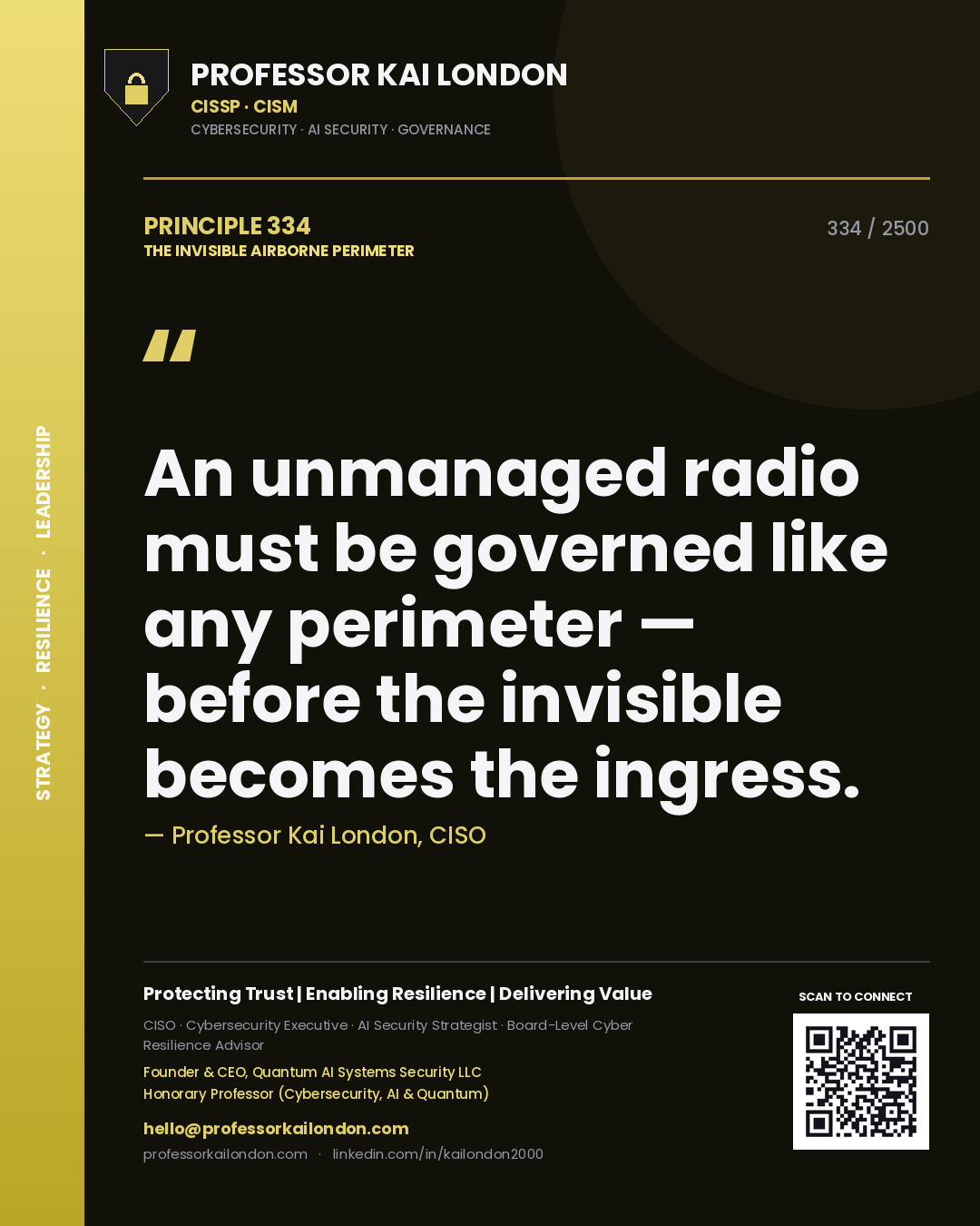 Quote card by Professor Kai London reading 'An unmanaged radio must be governed like any perimeter — before the invisible becomes the ingress.'. From the book The Invisible Airborne Perimeter.