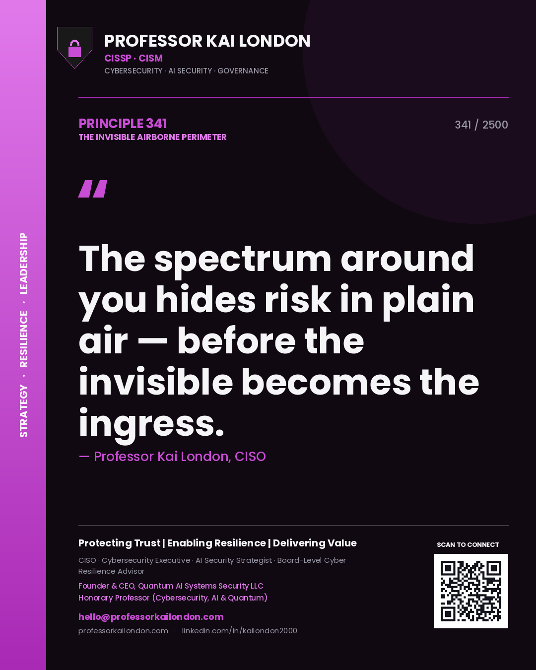 Quote card by Professor Kai London reading 'The spectrum around you hides risk in plain air — before the invisible becomes the ingress.'. From the book The Invisible Airborne Perimeter.