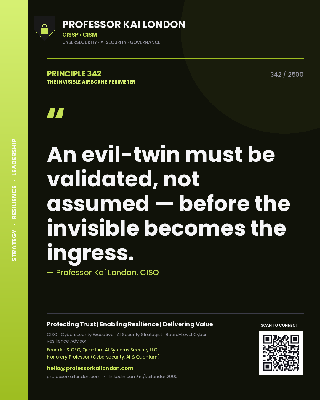 Quote card by Professor Kai London reading 'An evil-twin must be validated, not assumed — before the invisible becomes the ingress.'. From the book The Invisible Airborne Perimeter.