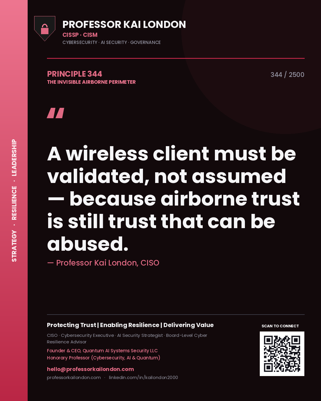 Quote card by Professor Kai London reading 'A wireless client must be validated, not assumed — because airborne trust is still trust that can be abused.'. From the book The Invisible Airborne Perimeter.
