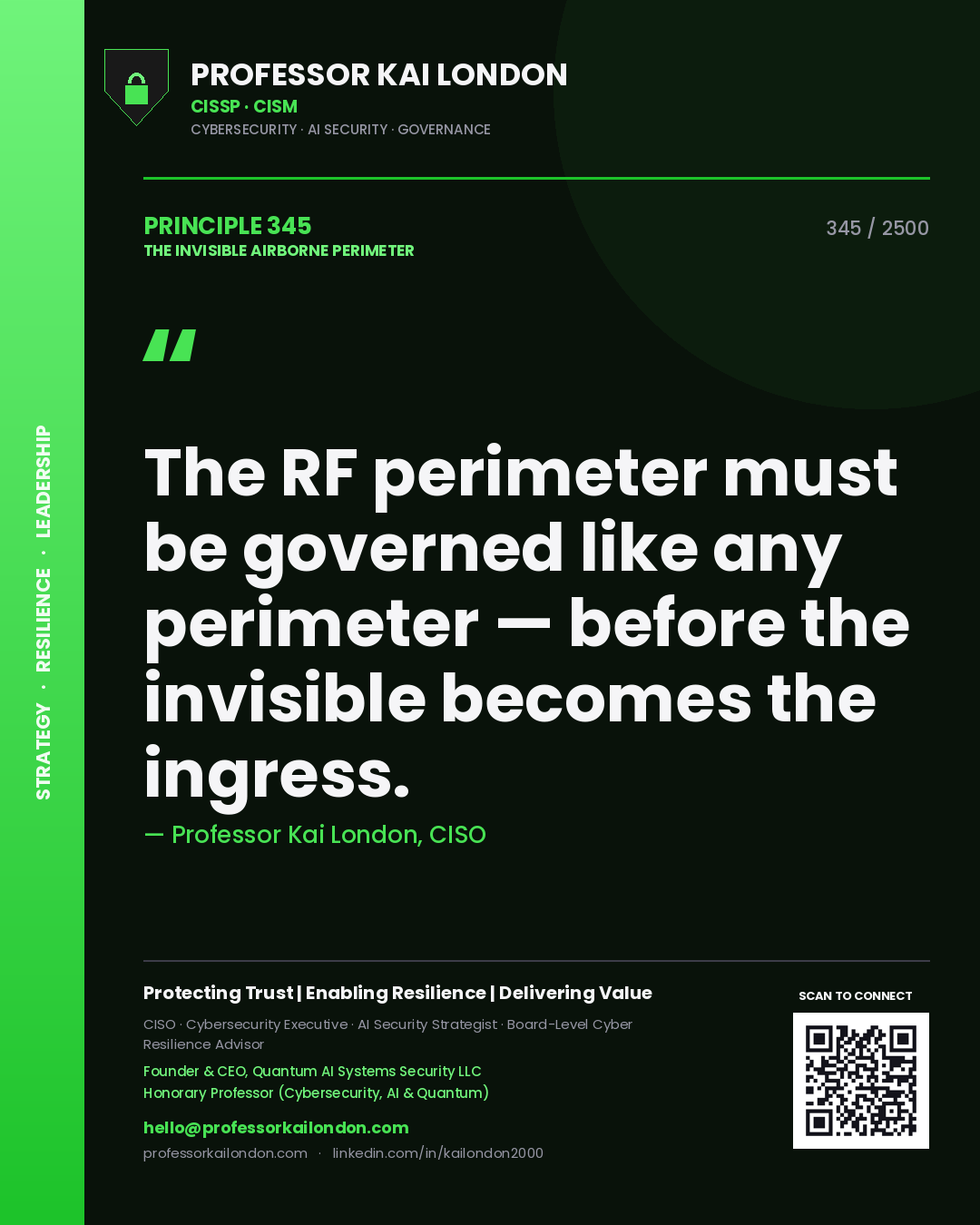 Quote card by Professor Kai London reading 'The RF perimeter must be governed like any perimeter — before the invisible becomes the ingress.'. From the book The Invisible Airborne Perimeter.