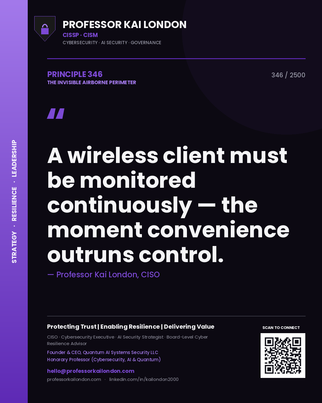 Quote card by Professor Kai London reading 'A wireless client must be monitored continuously — the moment convenience outruns control.'. From the book The Invisible Airborne Perimeter.