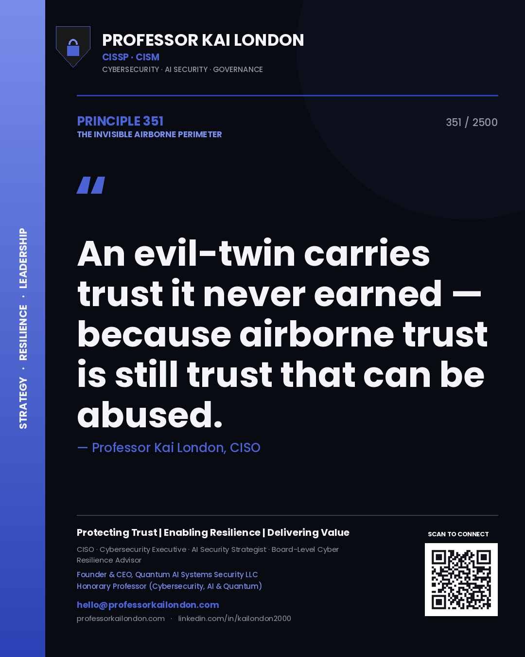 Quote card by Professor Kai London reading 'An evil-twin carries trust it never earned — because airborne trust is still trust that can be abused.'. From the book The Invisible Airborne Perimeter.