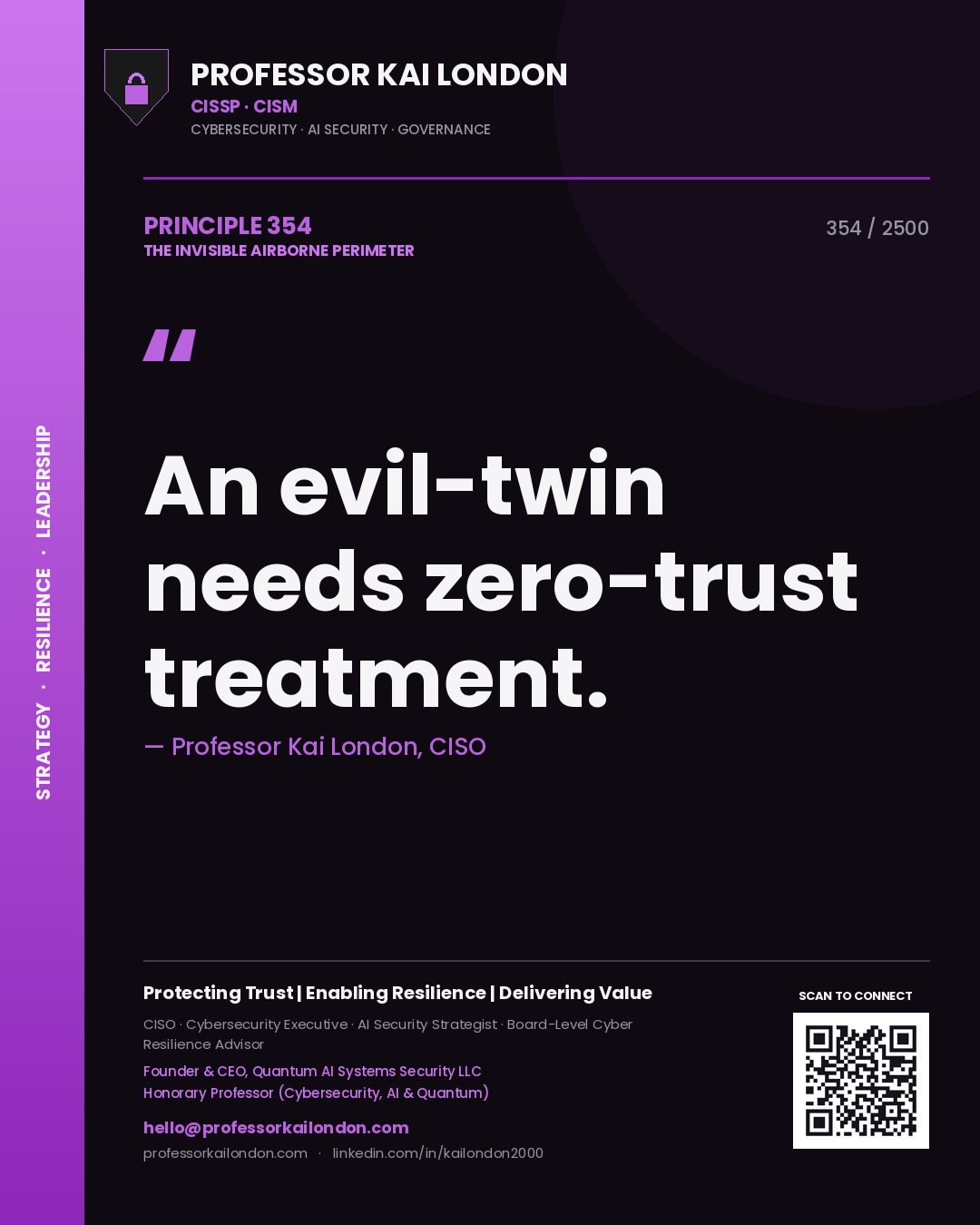 Quote card by Professor Kai London reading 'An evil-twin needs zero-trust treatment.'. From the book The Invisible Airborne Perimeter.