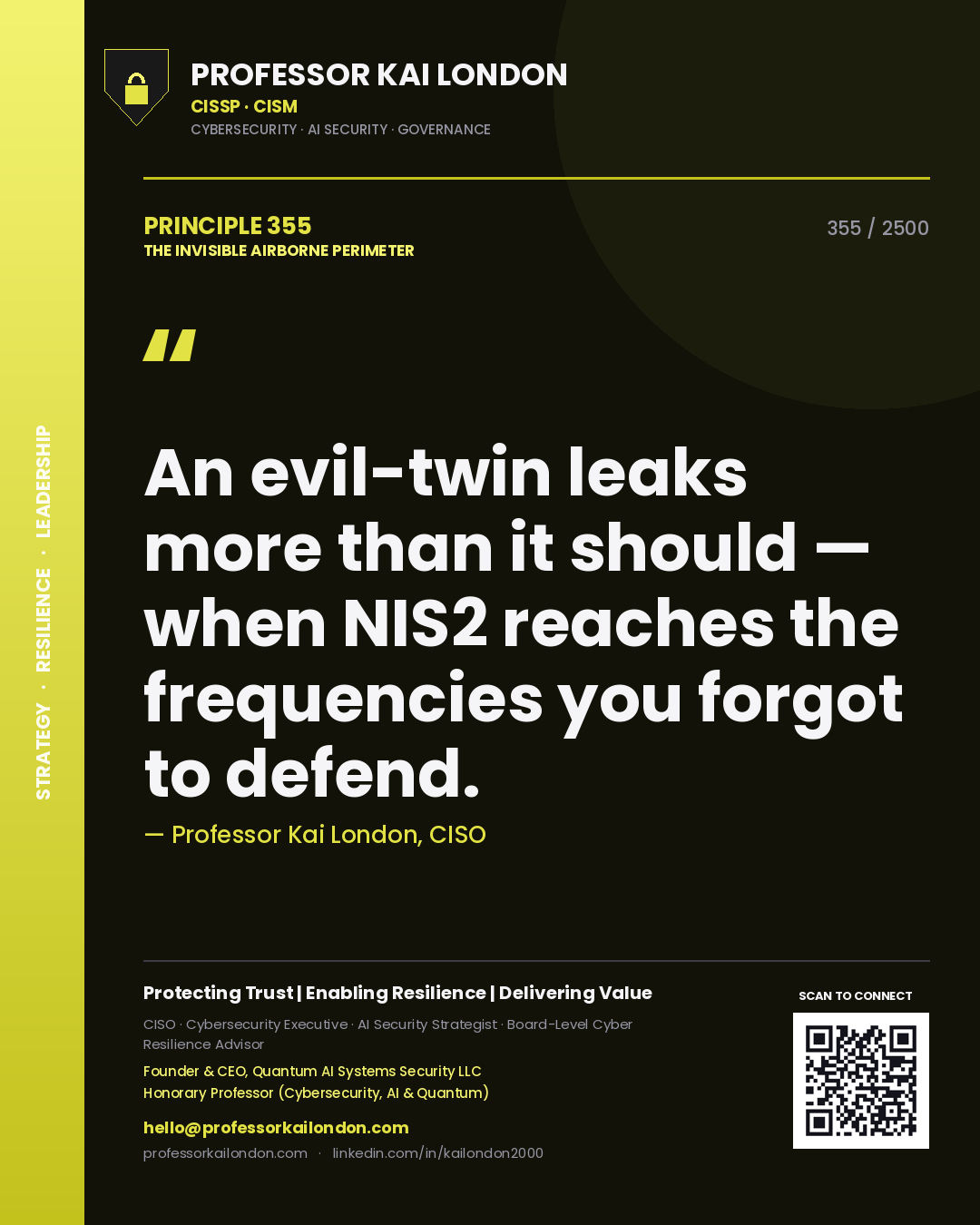 Quote card by Professor Kai London reading 'An evil-twin leaks more than it should — when NIS2 reaches the frequencies you forgot to defend.'. From the book The Invisible Airborne Perimeter.