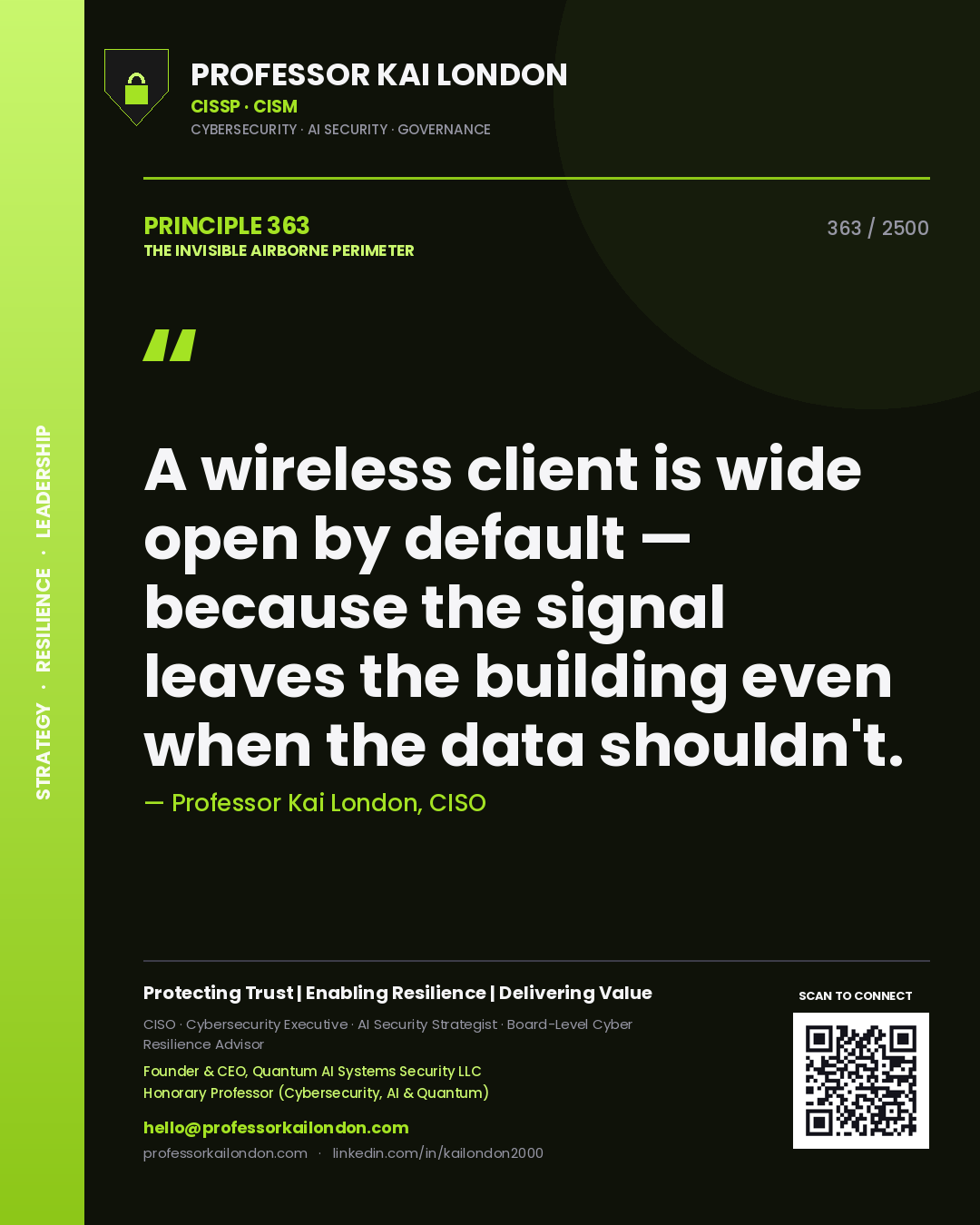 Quote card by Professor Kai London reading 'A wireless client is wide open by default — because the signal leaves the building even when the data shouldn't.'. From the book The Invisible Airborne Perimeter.