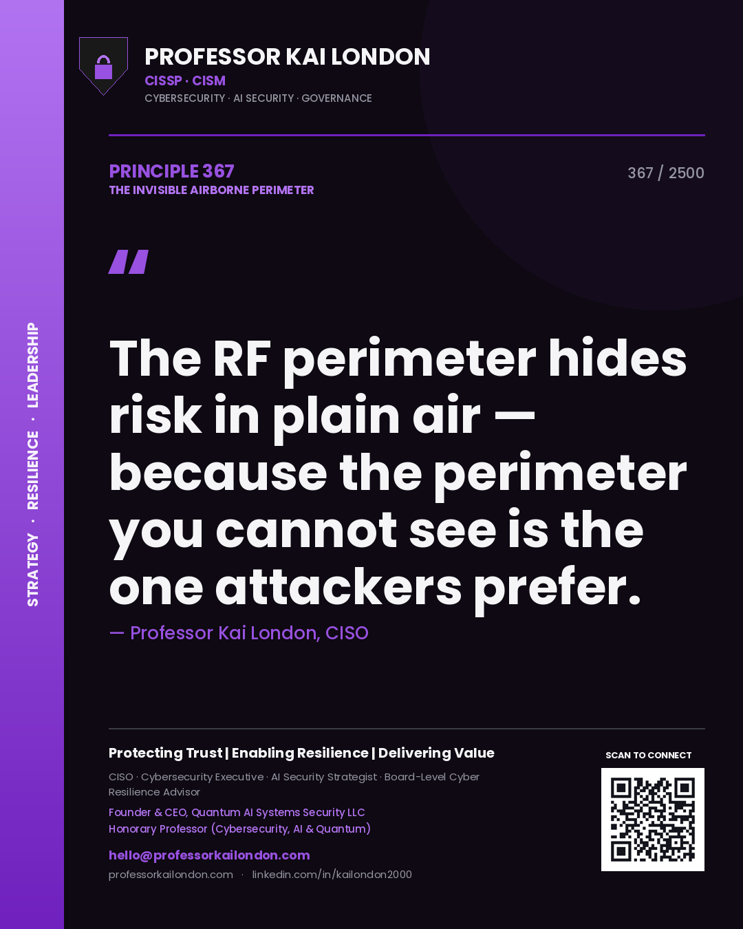 Quote card by Professor Kai London reading 'The RF perimeter hides risk in plain air — because the perimeter you cannot see is the one attackers prefer.'. From the book The Invisible Airborne Perimeter.
