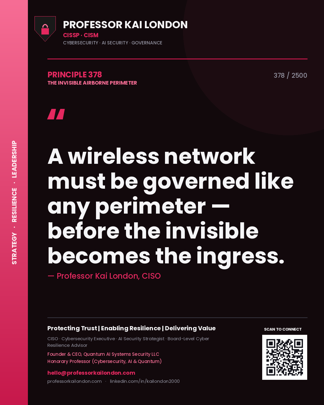 Quote card by Professor Kai London reading 'A wireless network must be governed like any perimeter — before the invisible becomes the ingress.'. From the book The Invisible Airborne Perimeter.