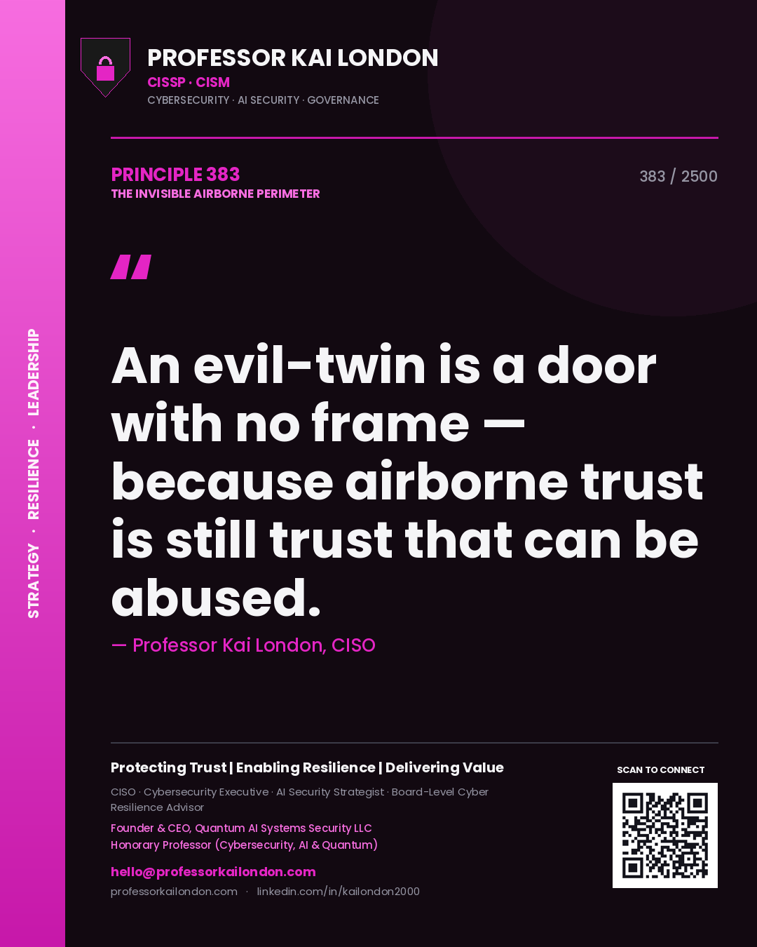 Quote card by Professor Kai London reading 'An evil-twin is a door with no frame — because airborne trust is still trust that can be abused.'. From the book The Invisible Airborne Perimeter.