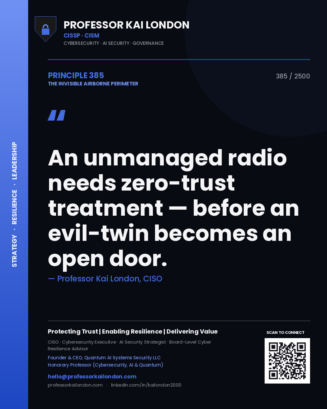 Quote card by Professor Kai London reading 'An unmanaged radio needs zero-trust treatment — before an evil-twin becomes an open door.'. From the book The Invisible Airborne Perimeter.