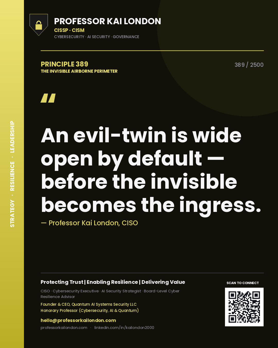 Quote card by Professor Kai London reading 'An evil-twin is wide open by default — before the invisible becomes the ingress.'. From the book The Invisible Airborne Perimeter.