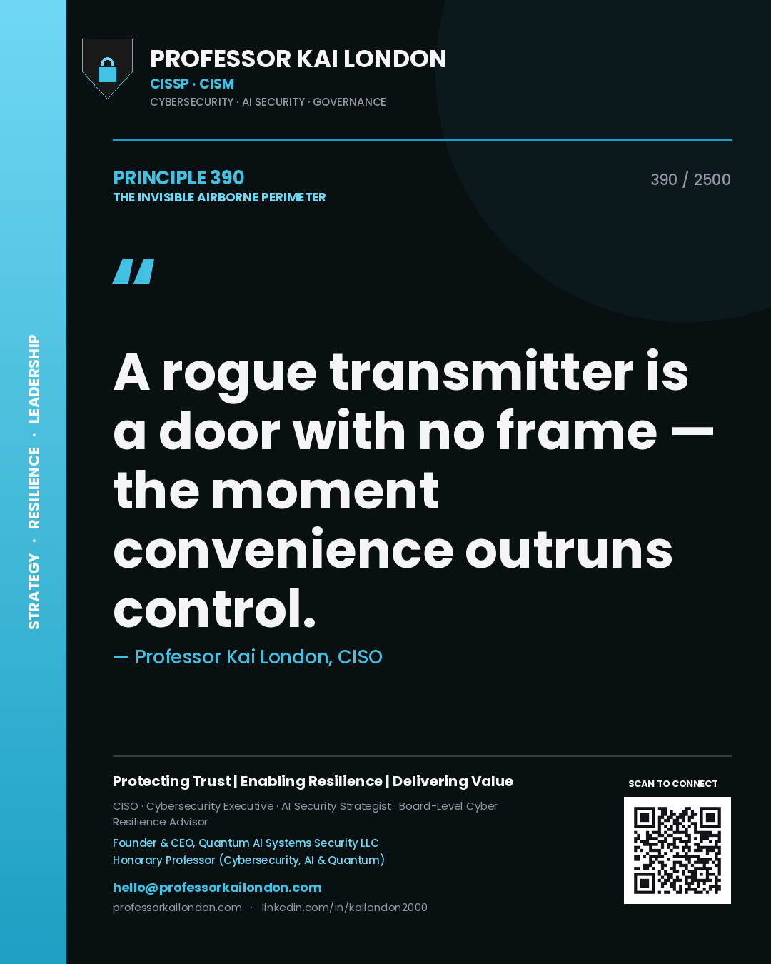 Quote card by Professor Kai London reading 'A rogue transmitter is a door with no frame — the moment convenience outruns control.'. From the book The Invisible Airborne Perimeter.