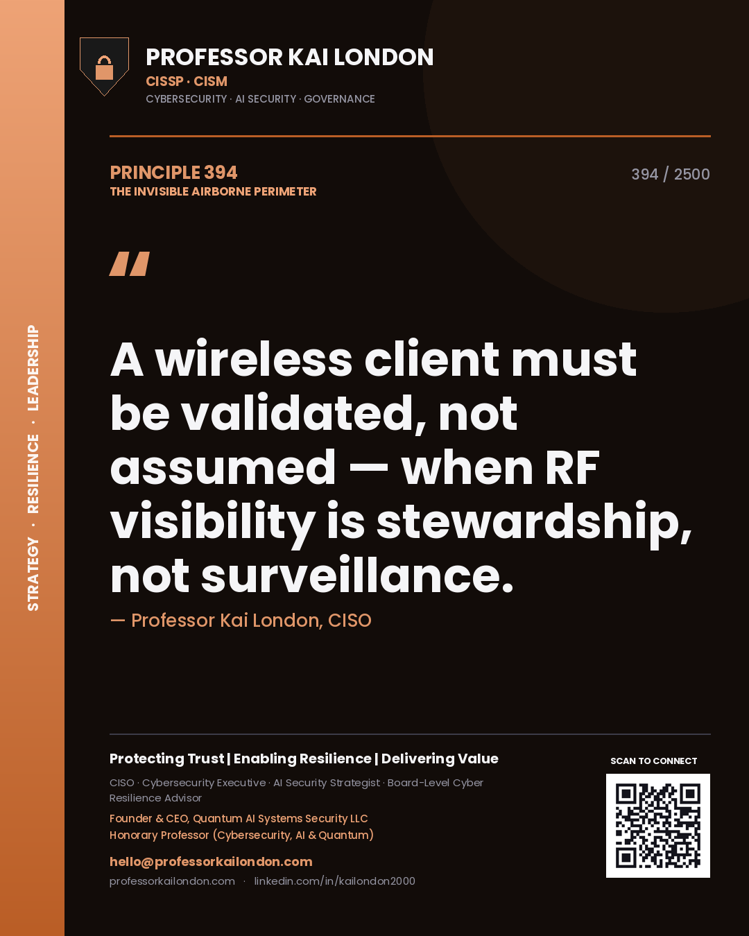 Quote card by Professor Kai London reading 'A wireless client must be validated, not assumed — when RF visibility is stewardship, not surveillance.'. From the book The Invisible Airborne Perimeter.