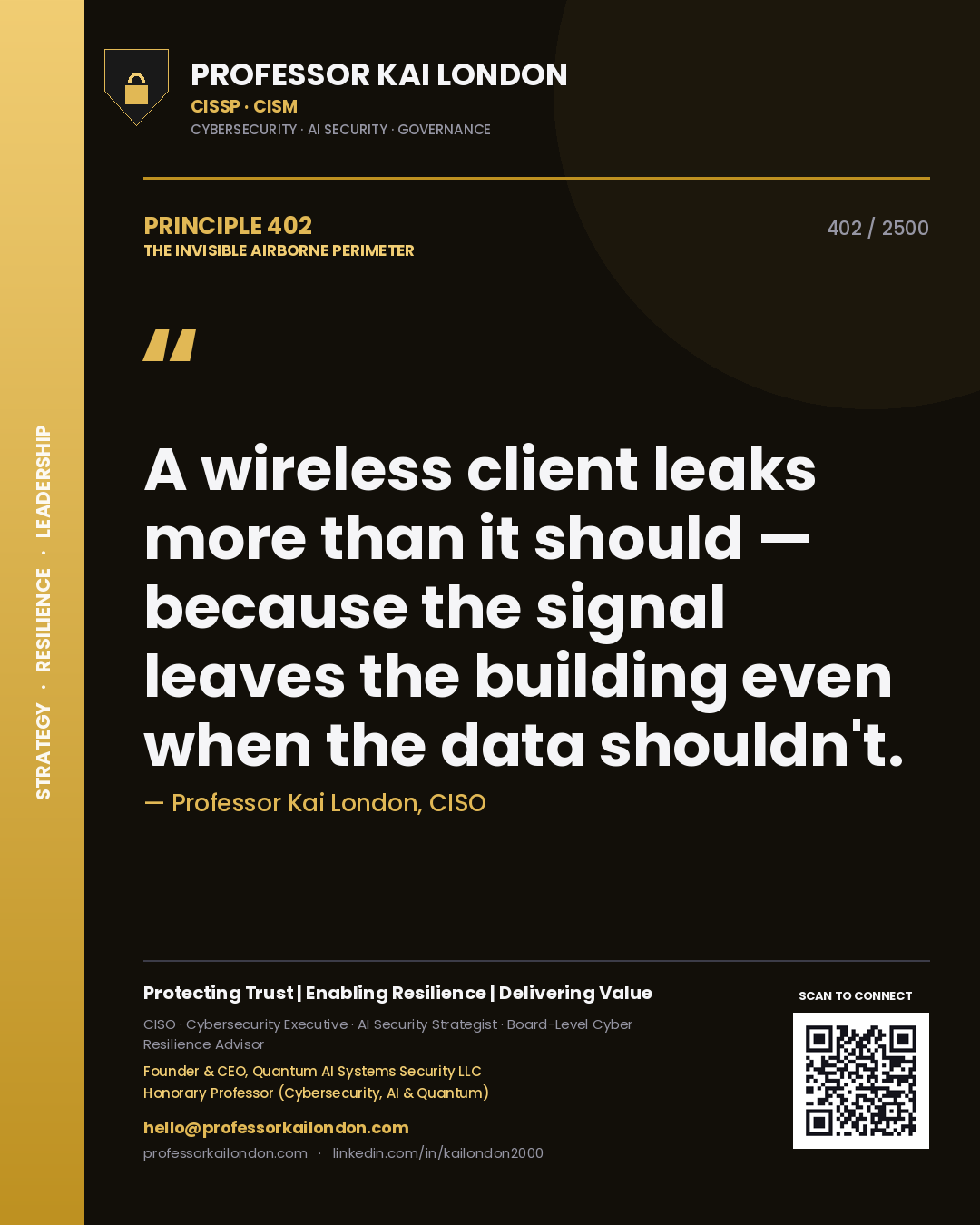 Quote card by Professor Kai London reading 'A wireless client leaks more than it should — because the signal leaves the building even when the data shouldn't.'. From the book The Invisible Airborne Perimeter.