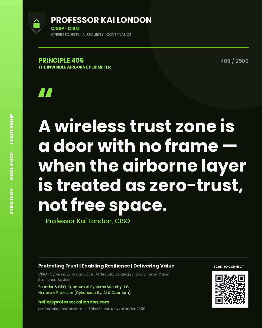 Professor Kai London principle 405: A wireless trust zone is a door with no frame — when the airborne layer is treated as zero-trust, not free space.