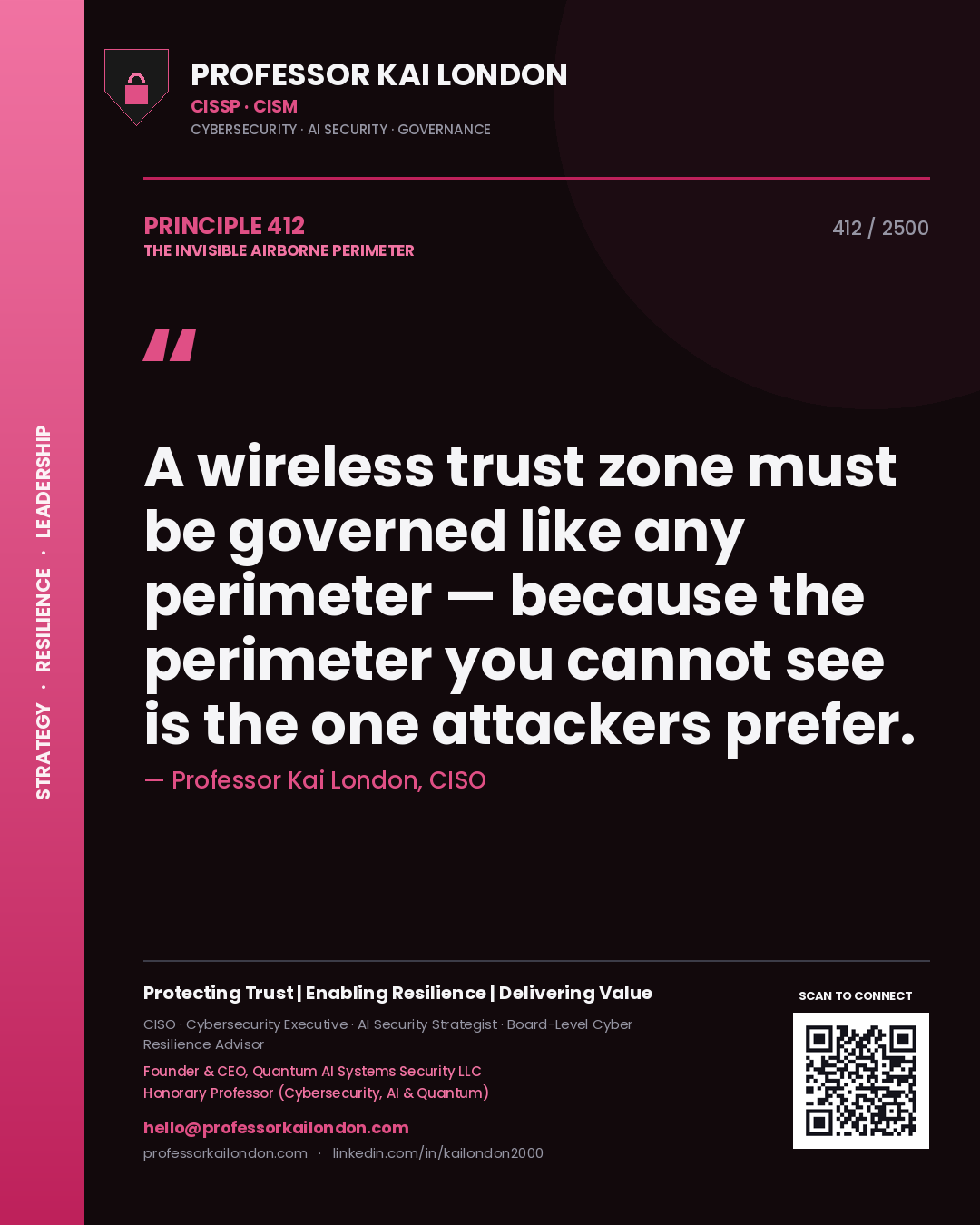 Quote card by Professor Kai London reading 'A wireless trust zone must be governed like any perimeter — because the perimeter you cannot see is the one attackers prefer.'. From the book The Invisible Airborne Perimeter.
