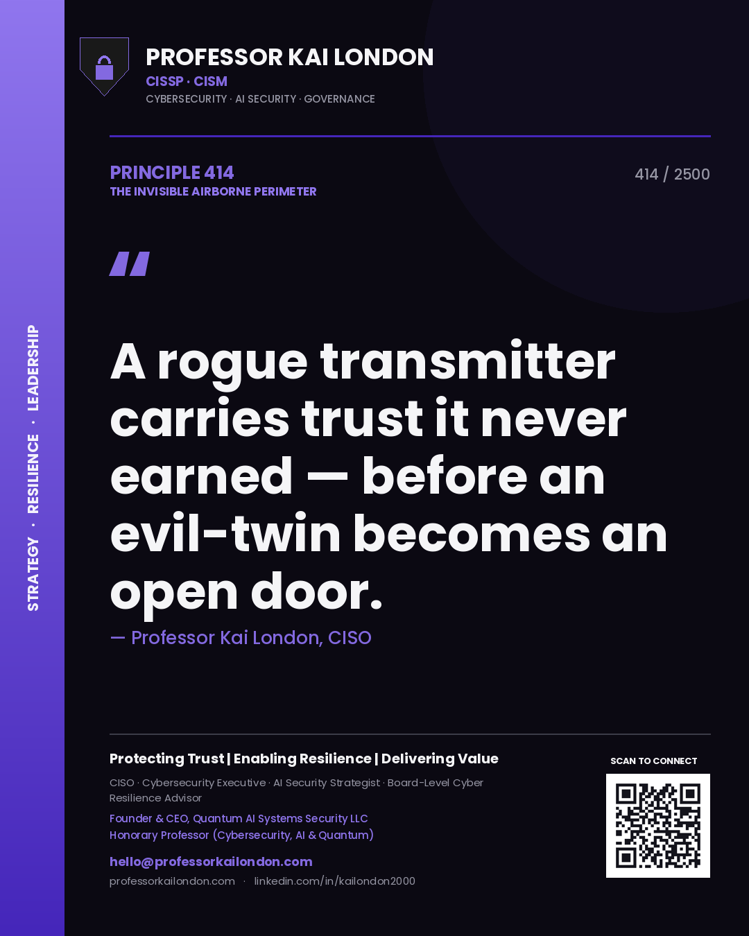 Quote card by Professor Kai London reading 'A rogue transmitter carries trust it never earned — before an evil-twin becomes an open door.'. From the book The Invisible Airborne Perimeter.