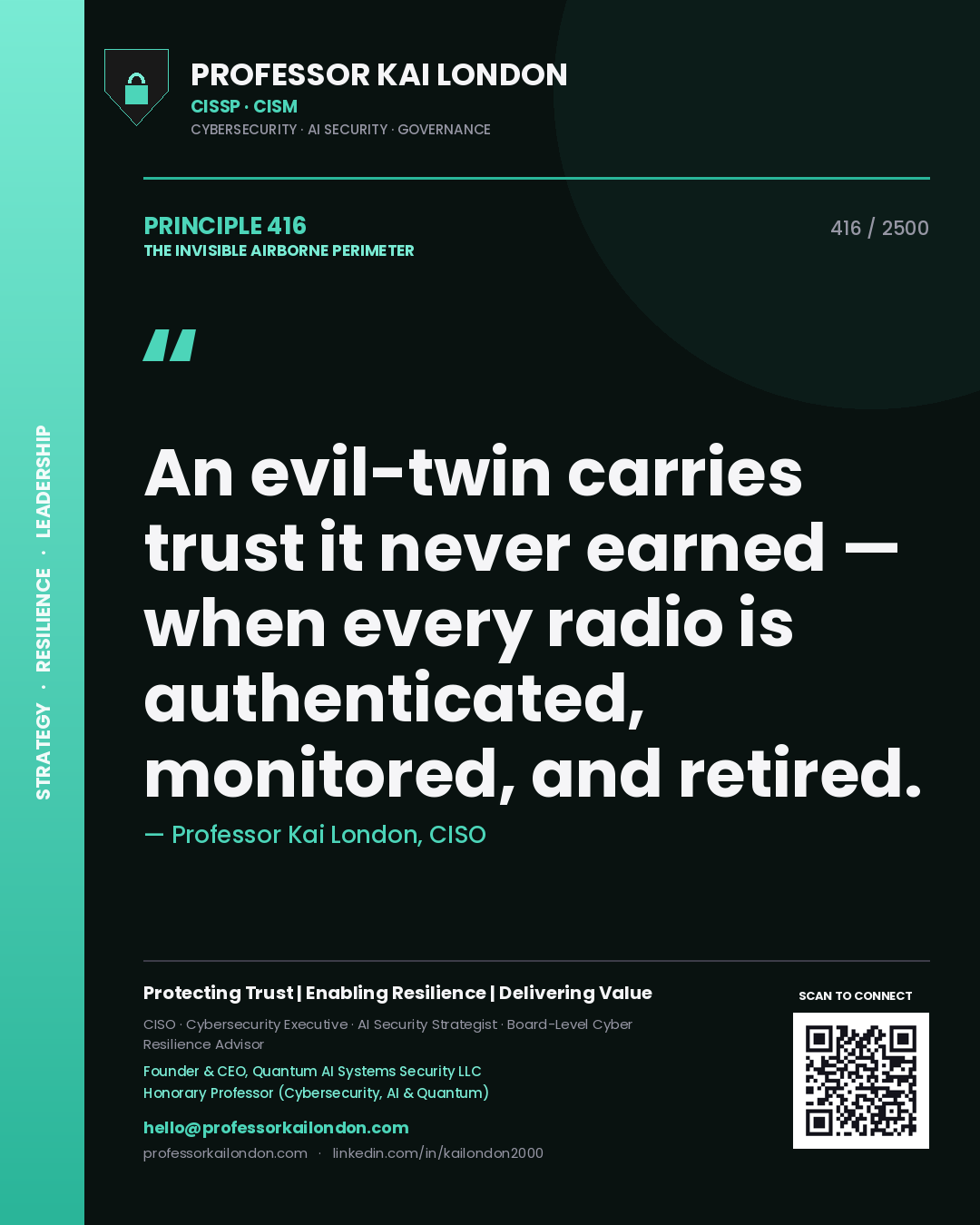 Professor Kai London principle 416: An evil-twin carries trust it never earned — when every radio is authenticated, monitored, and retired.