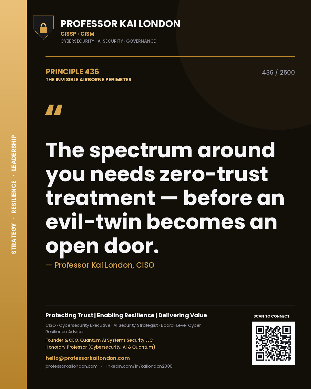 Quote card by Professor Kai London reading 'The spectrum around you needs zero-trust treatment — before an evil-twin becomes an open door.'. From the book The Invisible Airborne Perimeter.