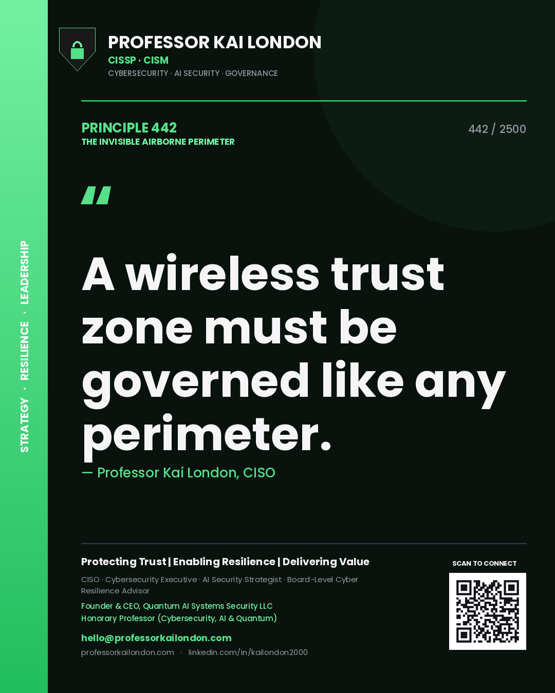 Quote card by Professor Kai London reading 'A wireless trust zone must be governed like any perimeter.'. From the book The Invisible Airborne Perimeter.