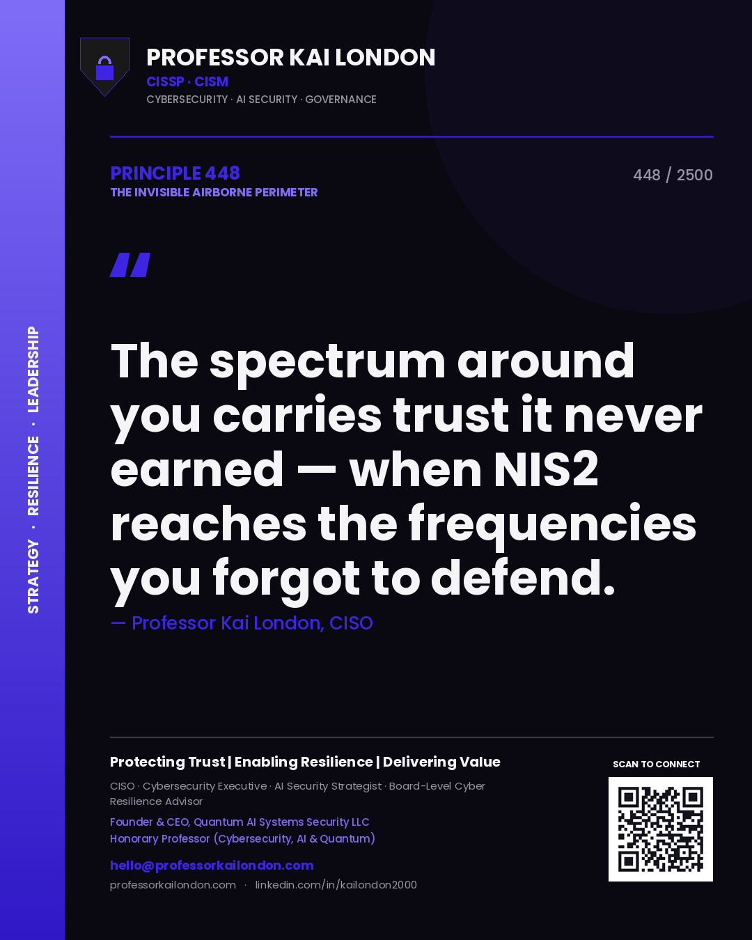 Quote card by Professor Kai London reading 'The spectrum around you carries trust it never earned — when NIS2 reaches the frequencies you forgot to defend.'. From the book The Invisible Airborne Perimeter.