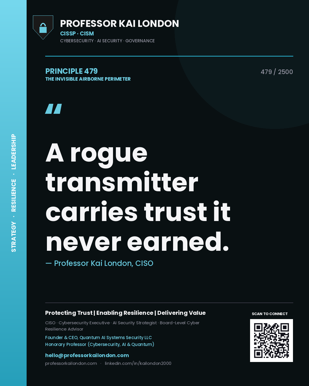 Quote card by Professor Kai London reading 'A rogue transmitter carries trust it never earned.'. From the book The Invisible Airborne Perimeter.