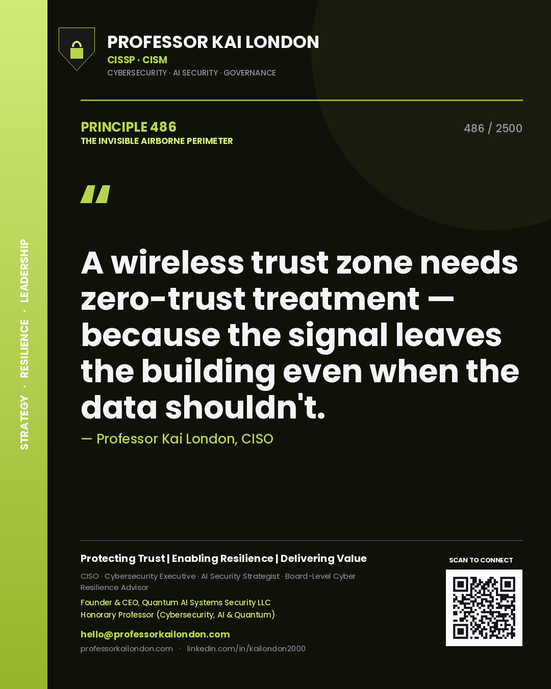 Professor Kai London principle 486: A wireless trust zone needs zero-trust treatment — because the signal leaves the building even when the data shouldn't.
