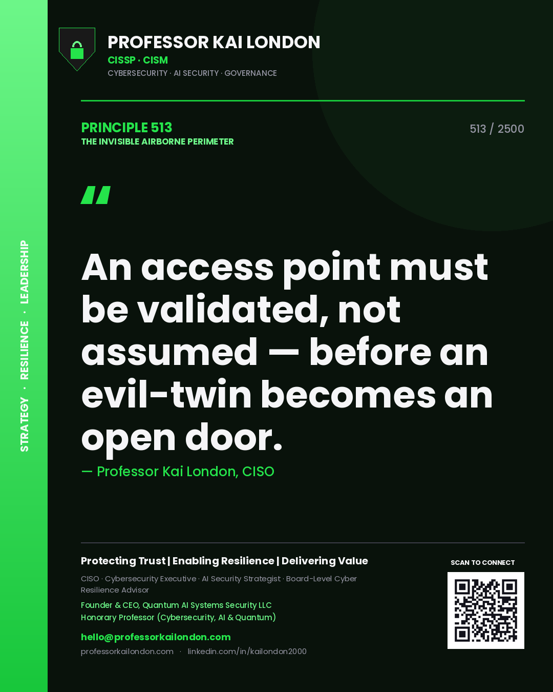 Quote card by Professor Kai London reading 'An access point must be validated, not assumed — before an evil-twin becomes an open door.'. From the book The Invisible Airborne Perimeter.