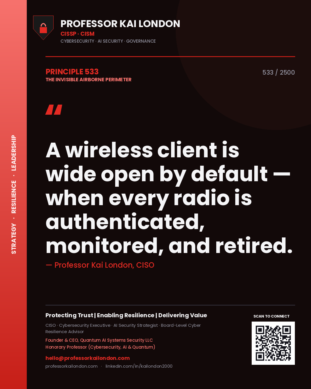 Quote card by Professor Kai London reading 'A wireless client is wide open by default — when every radio is authenticated, monitored, and retired.'. From the book The Invisible Airborne Perimeter.